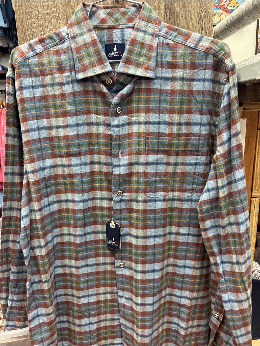 johnnie-O Light Blue, Brown and Green Plaid Button-Down Shirt